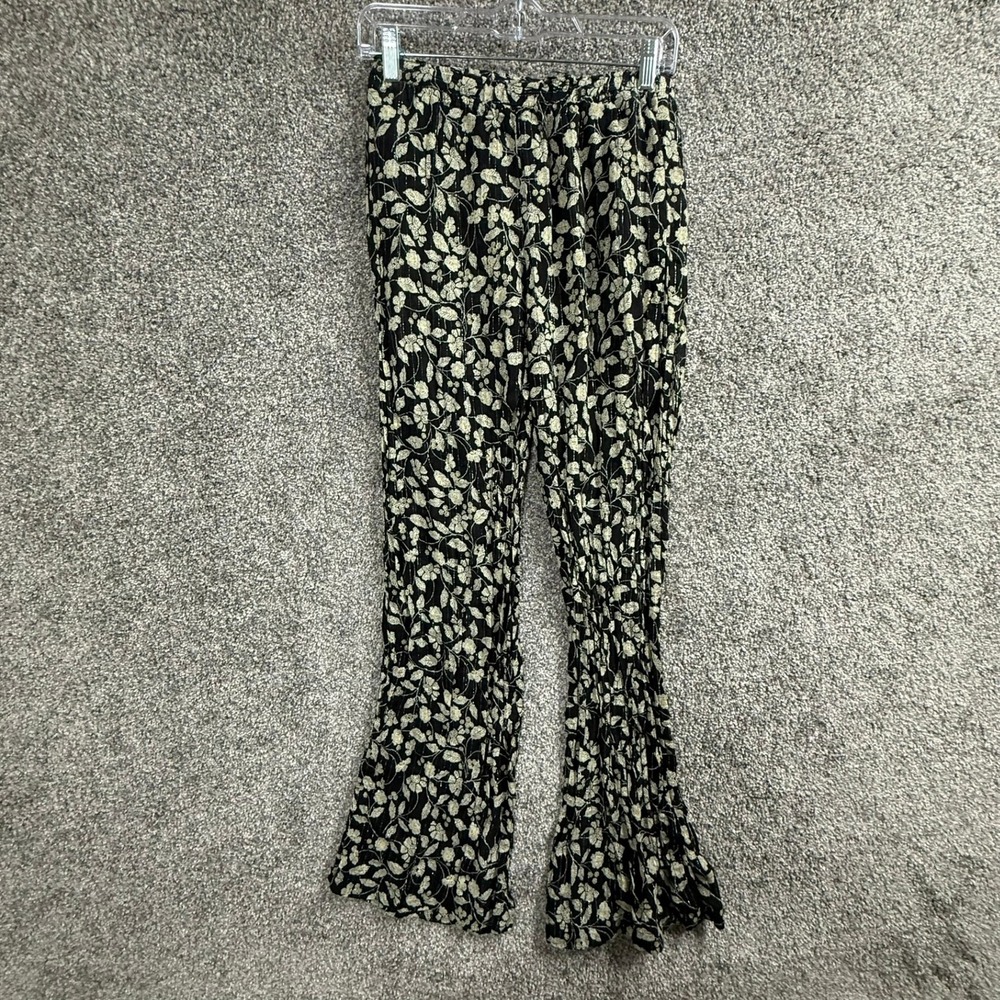 Zara Floral Print Metallic Thread Flare Leg Pants Black Cream Medium